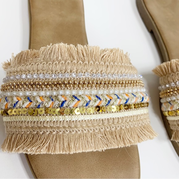 SHEIN Fabric Slides, Embellished Fringed Upper, Tan, Size 9 - Picture 2 of 6